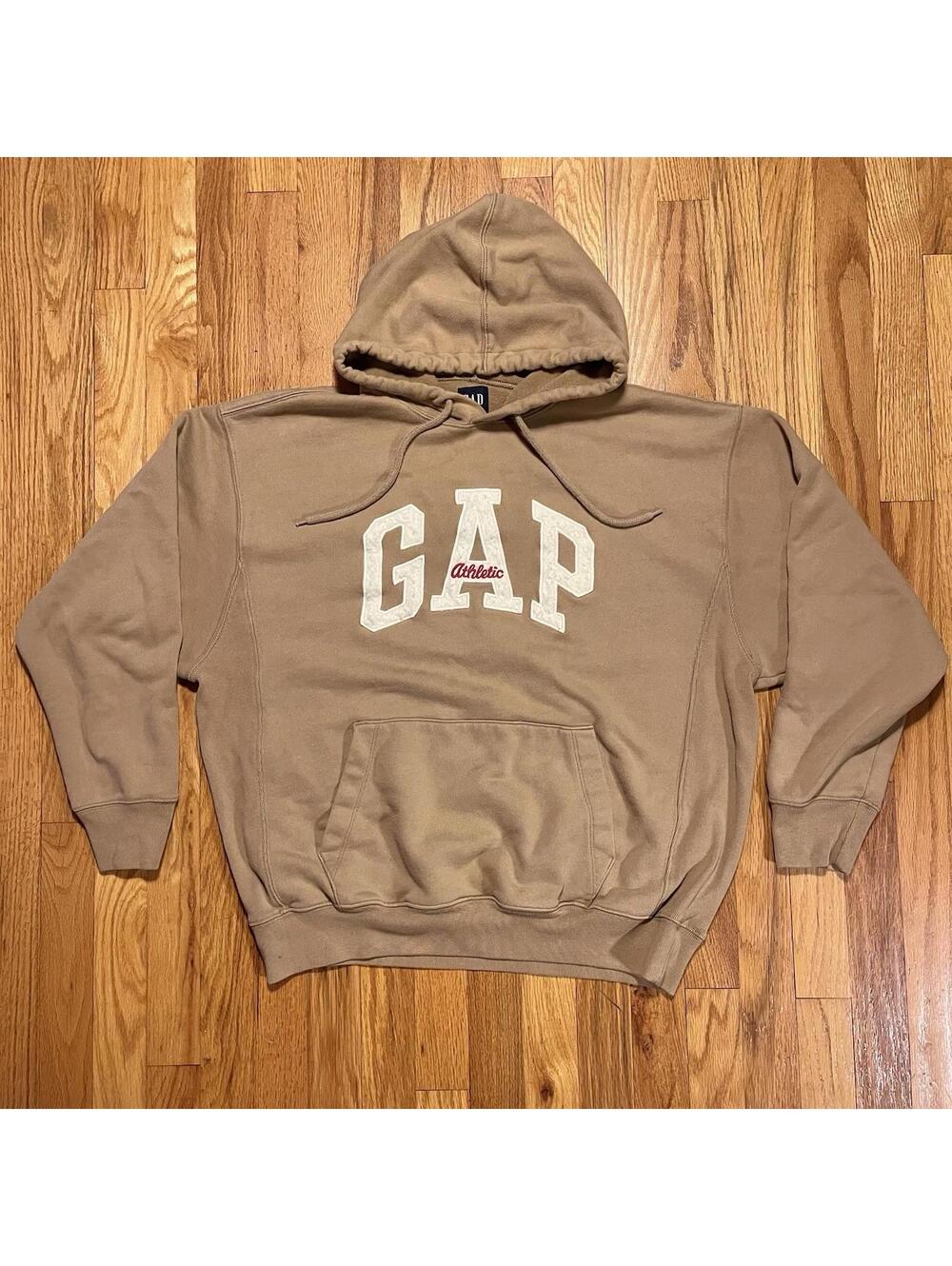Vintage GAP Athletic Oversized Hoodie Varsity Spellout Jersey Knit Tan Size Smal